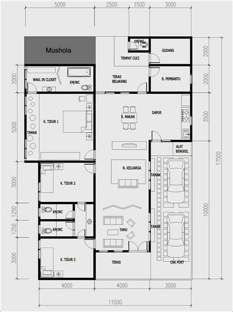 Denah Rumah Minimalis 4 Kamar Tidur 1 Mushola 1 Garasi Modern Minimalis