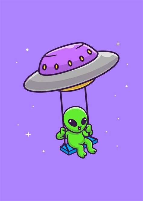 Cute Alien Swing On Ufo Poster Picture Metal Print Paint By Le Duc