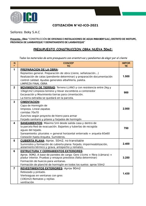 Cotizaci N De Obra Para Proyecto De Construcci N Cotizaci N N Ico