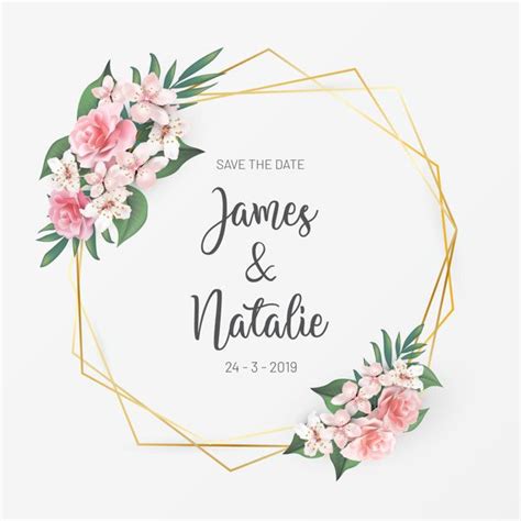 Save The Date Card With Pink Flowers And Gold Geometric Frame On White