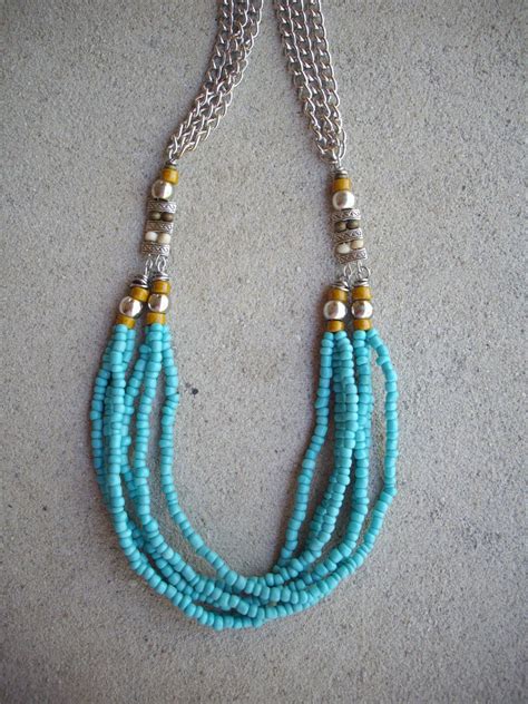 Multistrand Turquoise Seed Beads Necklace With Mustard Greek Ceramic Tube Beads Cream Indonesi