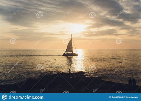 Yacht Sailing Against Sunset Holiday Lifestyle Landscape With Skyline