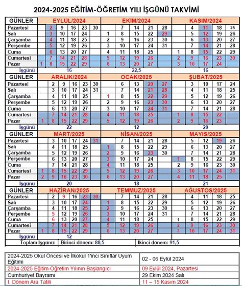 2024 2025 Eğitim Öğretim Yılı Çalışma Takvimi Meb Ders