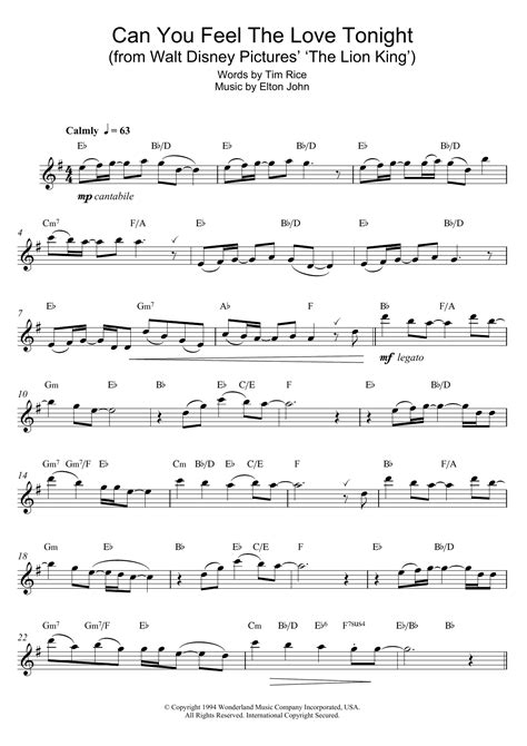 Can You Feel The Love Tonight From The Lion King By Elton John Sheet Music For Alto Sax Solo