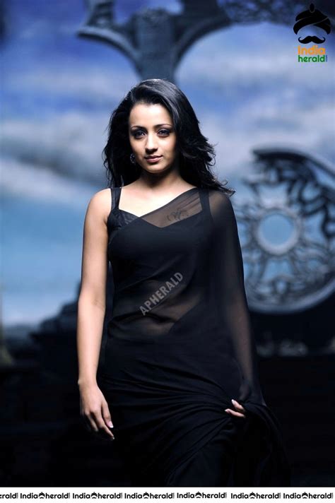 Trisha Hot Stills In Black Transparent Saree Set