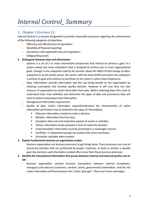 internal control summary chapter  lecture  internal control
