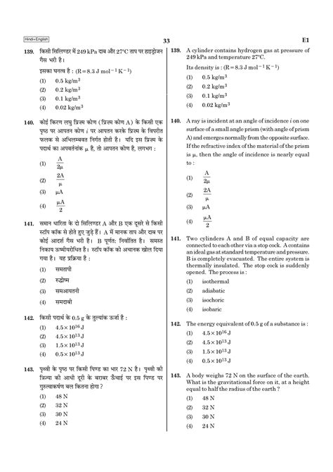 NEET 2020 Question Paper With Answer Key PDF In Hindi For E1 To H1