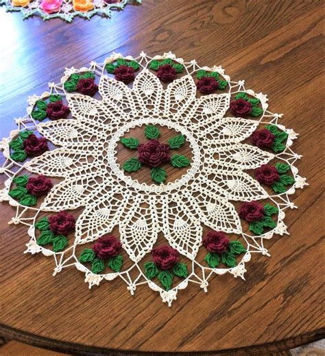 Crochet Doily Made To Order Flower Garden Pineapple Doily Rose Doily Burgundy Roses Doily