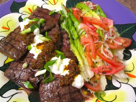 Grilled Skirt Steak Spicy Chimichurri Greek Yogurt And Salad In Honeymustard Dressing