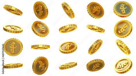 3D rendering of set of abstract golden Cambodian riel coins concept in different angles. riel ...