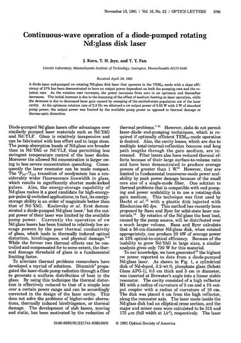 Pdf Continuous Wave Operation Of A Diode Pumped Rotating Nd Glass