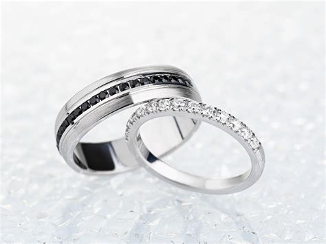 His And Hers Wedding Bands With Black And White Diamonds Gold Etsy