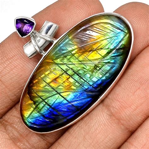 Pendentif protection labradorite et améthyste monture argent 925 ref 3021