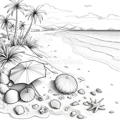 An Outline Drawing of a Beach Scene with Palm Trees and a Beach ...