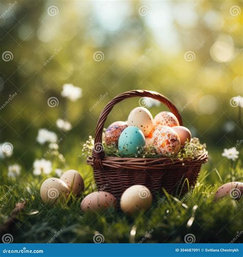 Easter Wicker Basket Colorful Painted Eggs In Green Grass Sunny Day