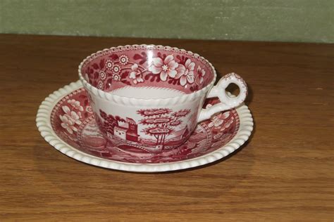 Vintage Copeland Spodes Pink Tower Old Red Mark Teacups And Saucers Set