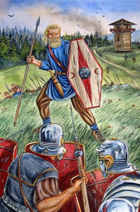 Germanic Suebi Warrior Squares Off Against Two Roman Legionaries