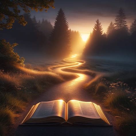 An Open Book Sitting On Top Of A Road Next To A Forest At Night With