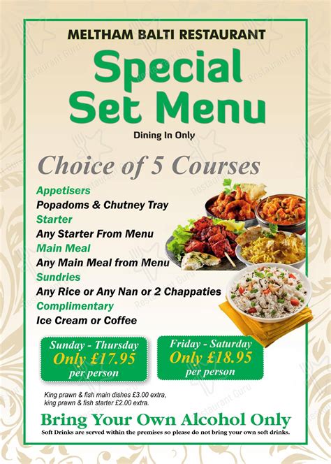 Menu at Meltham Balti restaurant, Meltham, 18/20 Huddersfield Rd