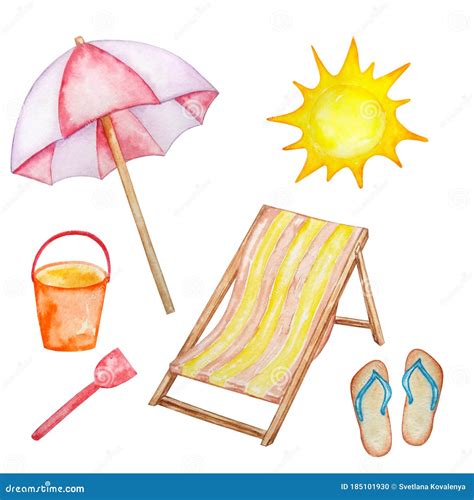 Watercolor Summer Beach Set Vacation Sea Tropic Stock Illustration