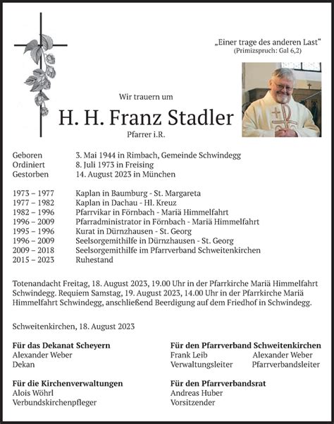 Traueranzeigen Von Franz Stadler Trauer Merkur De