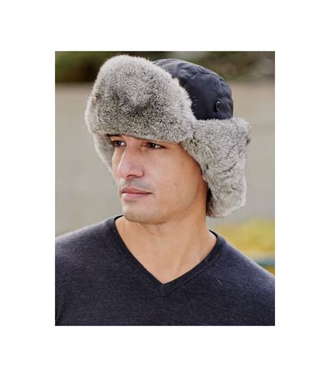 Black B 52 Aviator Hat With Grey Rabbit Fur For Men