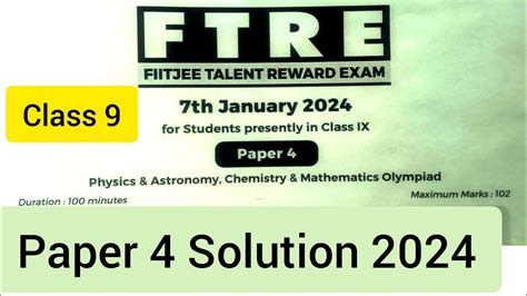 Fiitjee Ftre 2024 Class 9 Paper 4 Solution Youtube