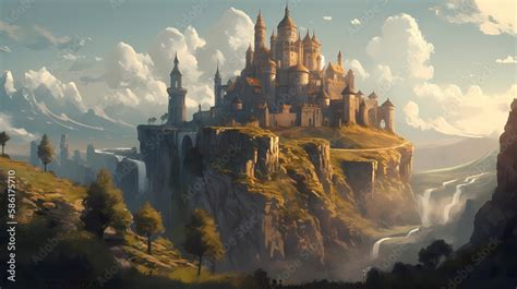 A giant castle, with towering walls and turrets. digital art ...