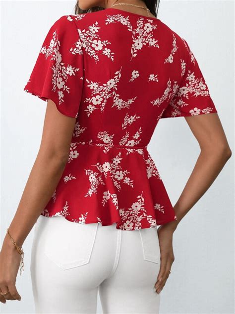 Shein Frenchy Floral Print Butterfly Sleeve Knot Side Wrap Blouse