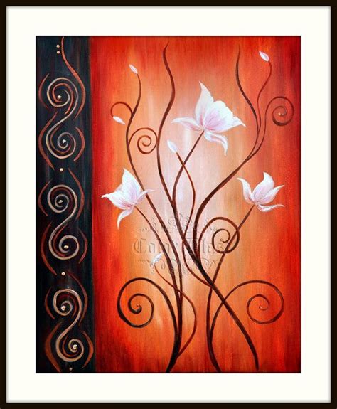 An Abstract Painting With White Flowers And Swirls On Red Black And