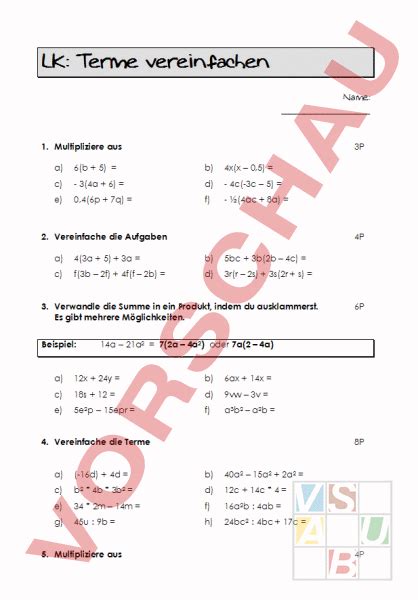 Arbeitsblatt LK Terme Vereinfachen Mathematik Algebra