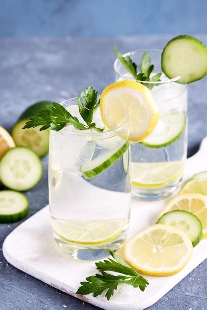 Premium Photo Close Up Glass Of Detox Water With Cucumber Lemon And