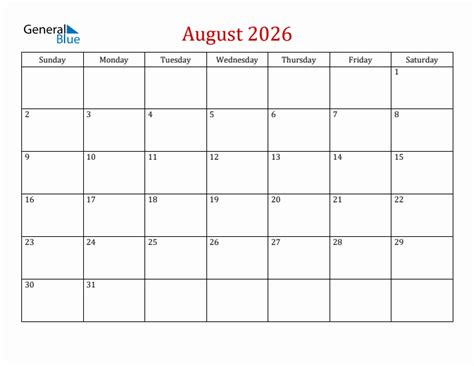 Printable August 2026 Calendar