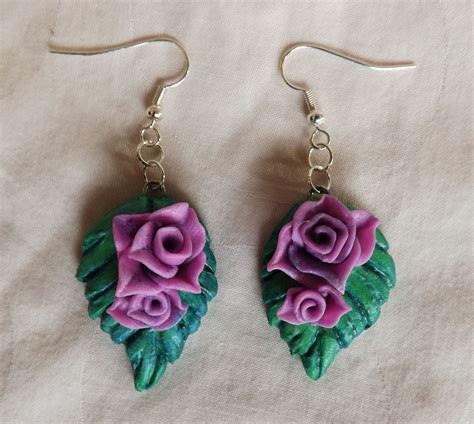 Roses On A Leaf Handmade Polymer Clay Earrings NadiaCokerCreations