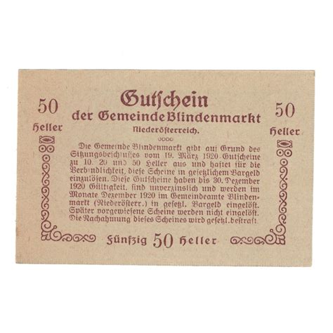 Banknote Austria Blindenmarkt N Gemeinde Heller Texte