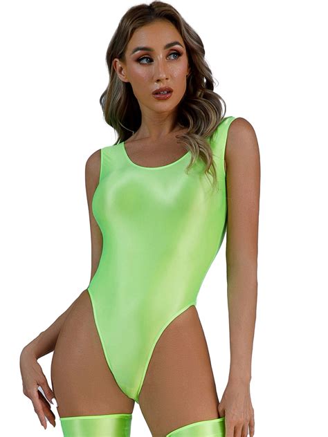 Jowowha Womens High Cut Bodysuit Sexy Slim Bikinis Oil Elastic Glossy