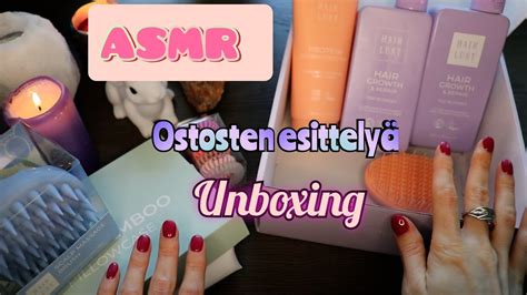 ASMR SUOMI UNBOXING Ostosten Esittelyä Hiuksilleni Lähikuiskailua