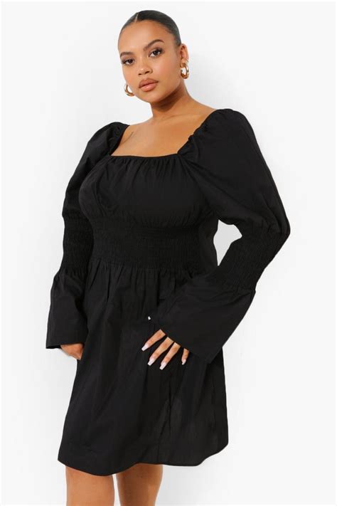 Plus Cotton Puff Sleeve Smock Dress Boohoo Uk