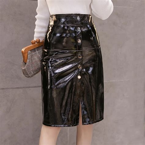 Autumn Winter Button Pencil Skirt Streetwear High Waist Sexy Pu