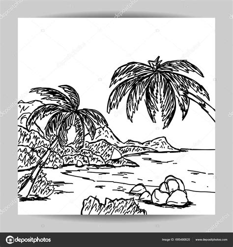 Beach Scene Illustration Sketch Template Hand Drawn Style Black Outline ...