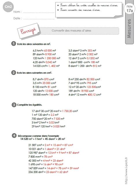 Cm Exercices Les Conversions De Mesures D Aire Tableau De Conversion