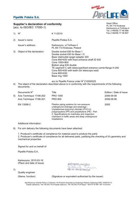 Supplier S Declaration Of Conformity Acc To Iso Iec