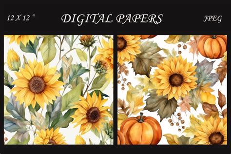 Fall sunflowers digital papers, Autumn pumpkin background