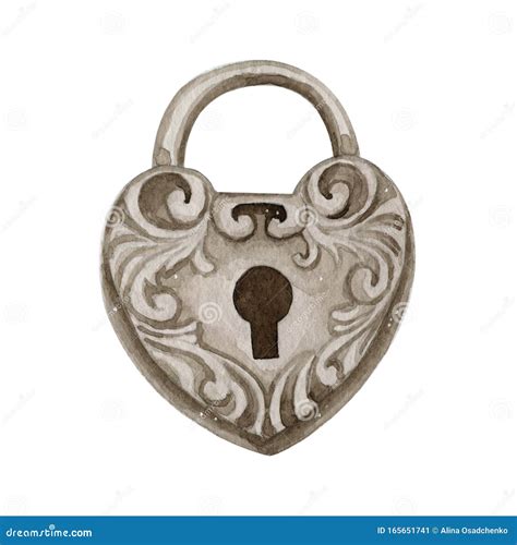 Watercolor Illustration Of Vintage Lock With Heart Shape Stock