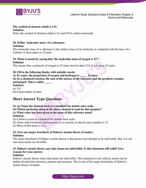 Lakhmir Singh Chemistry Class 9 Solutions For Chapter 3 Atoms And Molecules Free Pdf