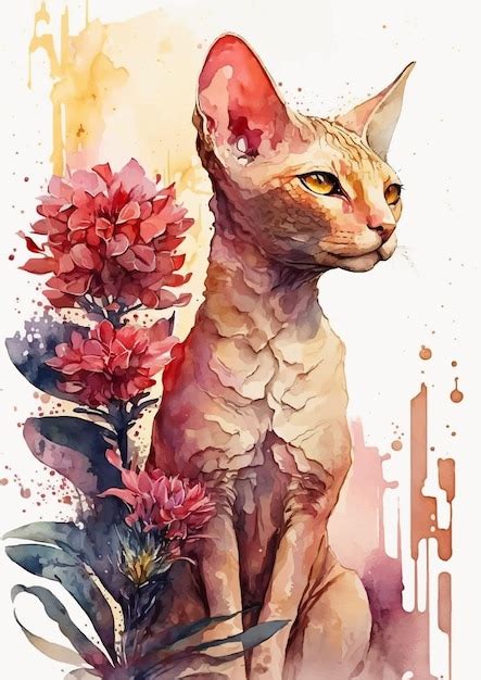 Portrait Aquarelle De Chat Sphinx R Veur Et Enchanteur Vecteur Premium