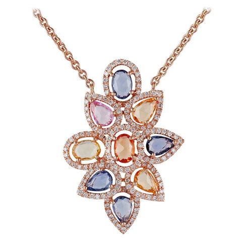 Multicolored Sapphires And Diamond Pendant Necklace Set In 18 Karat