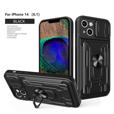 iPhone 14 Case, Kickstand Case with Slide Camera Cover & Card Holder ...