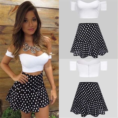 Summer New Women Polka Dot Aline Mini Skirt Strapless Off Shoulder Crop Tops Sets White Black