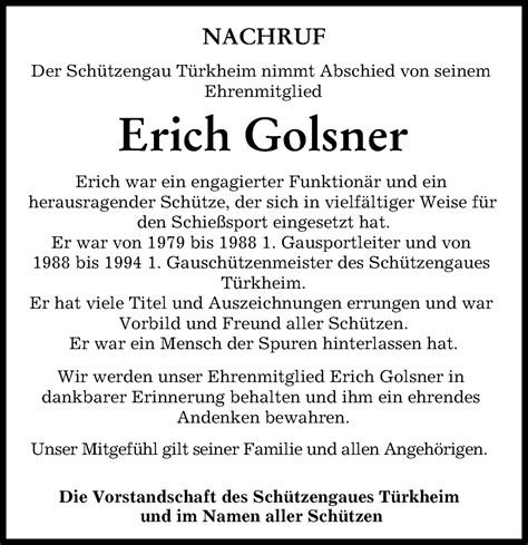 Traueranzeigen Von Erich Golsner Augsburger Allgemeine Zeitung